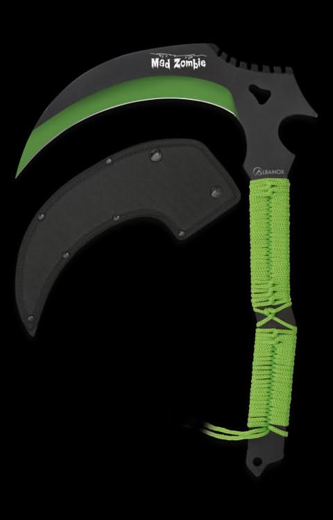Albainox 05‑32432 Faucille Mad Zombie – lame inox 20,3 cm, manche vert, étui nylon